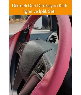 Pembe Renk Dikiş Dikmeli Deri Direksiyon Kılıfı