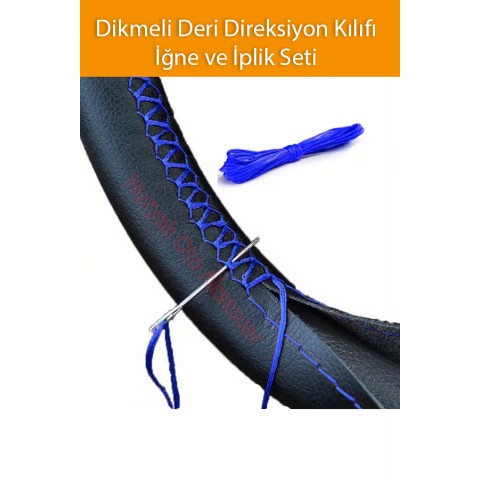 Mavi Dikiş Dikmeli Deri Direksiyon Kılıfı